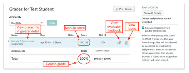 Grades for Test Student